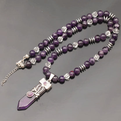 Natural Amethyst Sword Pendant, Natural Amethyst & Clear Quartz Beaded Clasp Necklace - ElisaJewelryArt